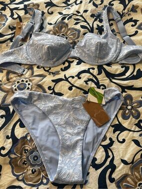 Light Blue Floral Embossed Underwire Bikini Set - Supportive Two-Piece